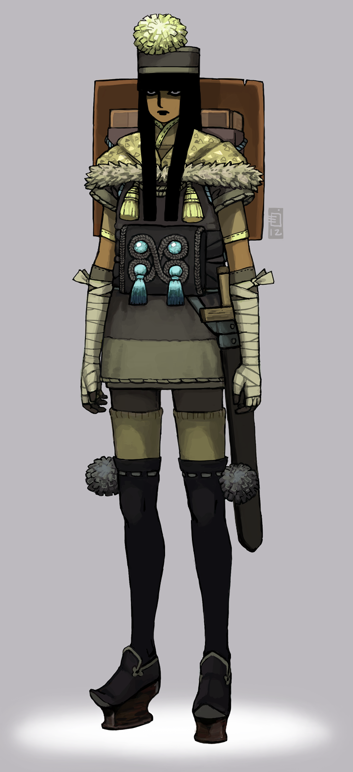 1girl, backpack, bag, bandaged_arm, bandages, black_eyes, black_hair, black_lips