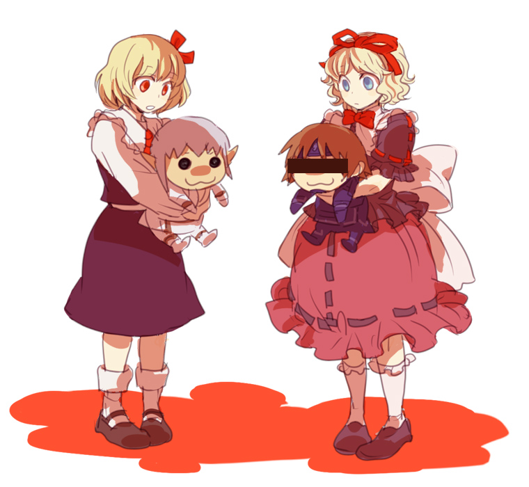 00s, 2girls, :3, blonde_hair, blue_eyes, bubble_skirt, buront, character_doll