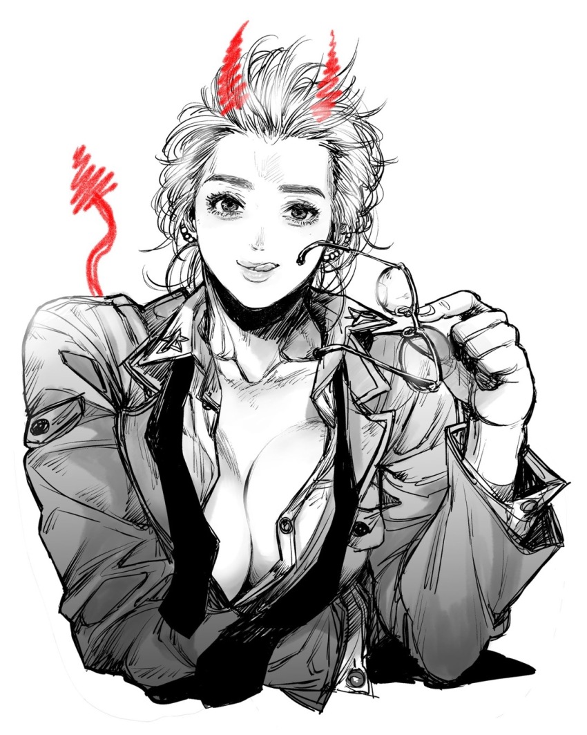 1girl, breasts, cleavage, collared_shirt, dahlio, demon_tail, dorohedoro, unworn_eyewear