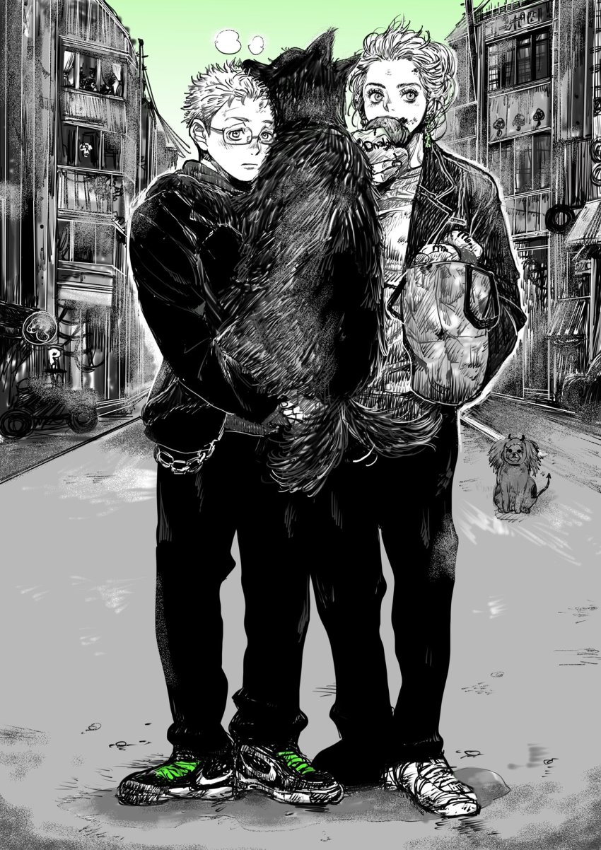 1boy, 1girl, animal, bag, black_dog, black_pants, building, burger