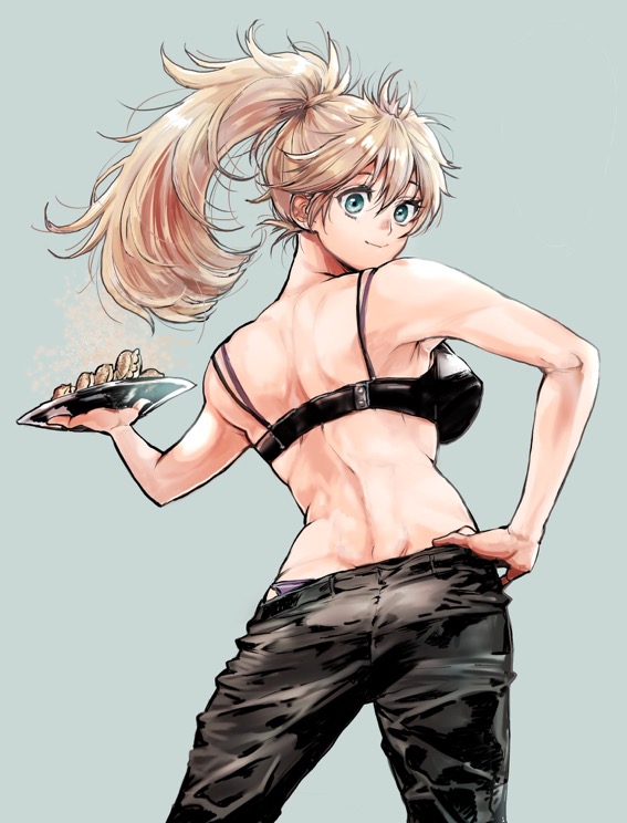 1girl, aqua_background, black_bra, black_pants, blue_eyes, bra, breasts, cowboy_shot, dahlio, dorohedoro, dumpling, food, from_behind, hair_between_eyes, hand_on_own_hip, jiaozi, large_breasts, long_hair, looking_back, nikaidou_(dorohedoro), pants, plate, ponytail, simple_background, smile, solo, steam, underwear