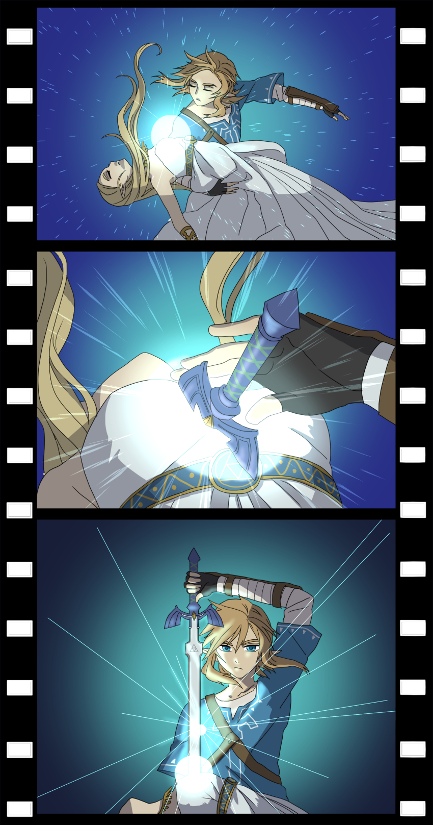 1boy, 1girl, absurdres, araraxo, black_gloves, blonde_hair, blue_eyes, blue_shirt