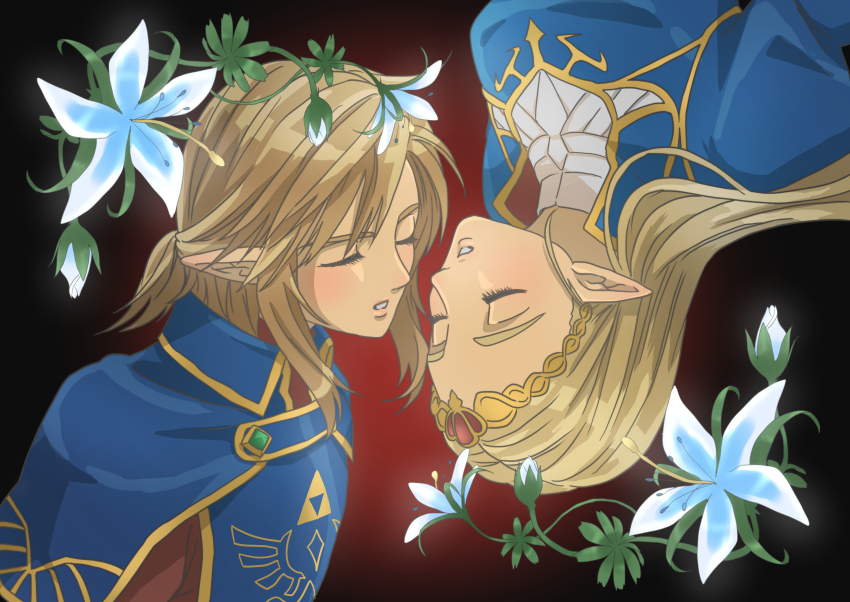 1boy, 1girl, absurdres, araraxo, blonde_hair, blue_flower, blush, closed_eyes