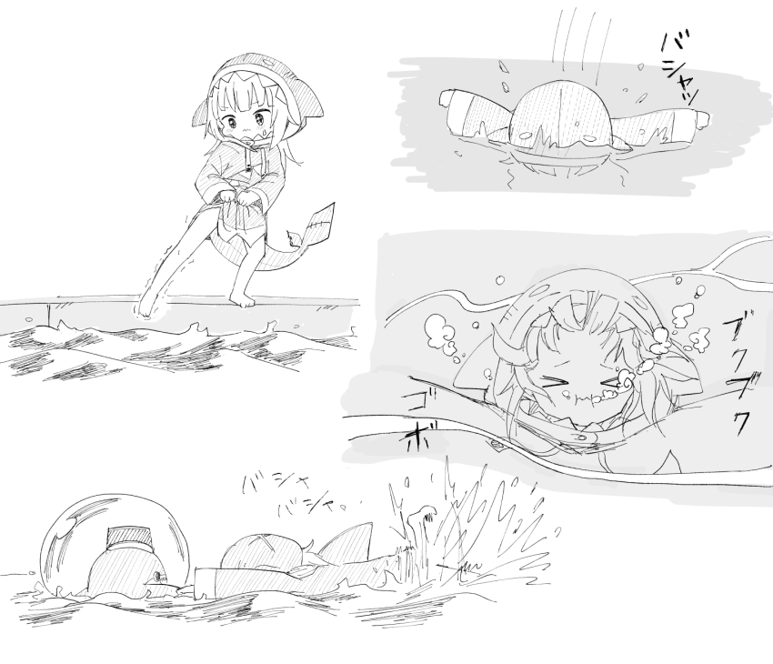 >_<, 1girl, 1other, air_bubble, asphyxiation, bloop_(gawr_gura), blowing_bubbles, bubble