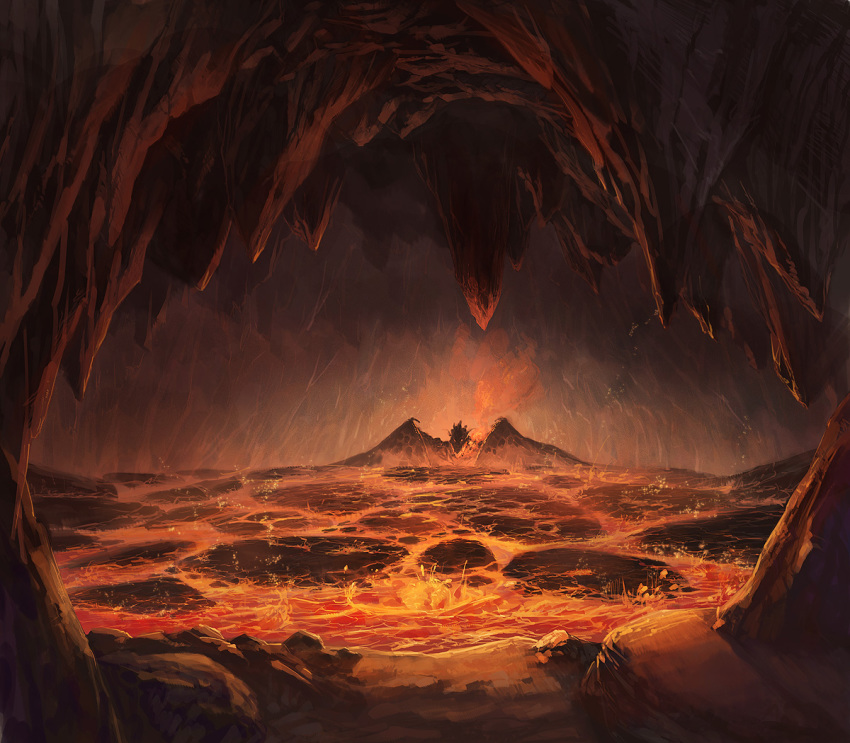 cave, dragon, fire, guild_wars_(series), guild_wars_1, lava, original, puyoakira, scenery, stalactite, the_great_destroyer, volcano
