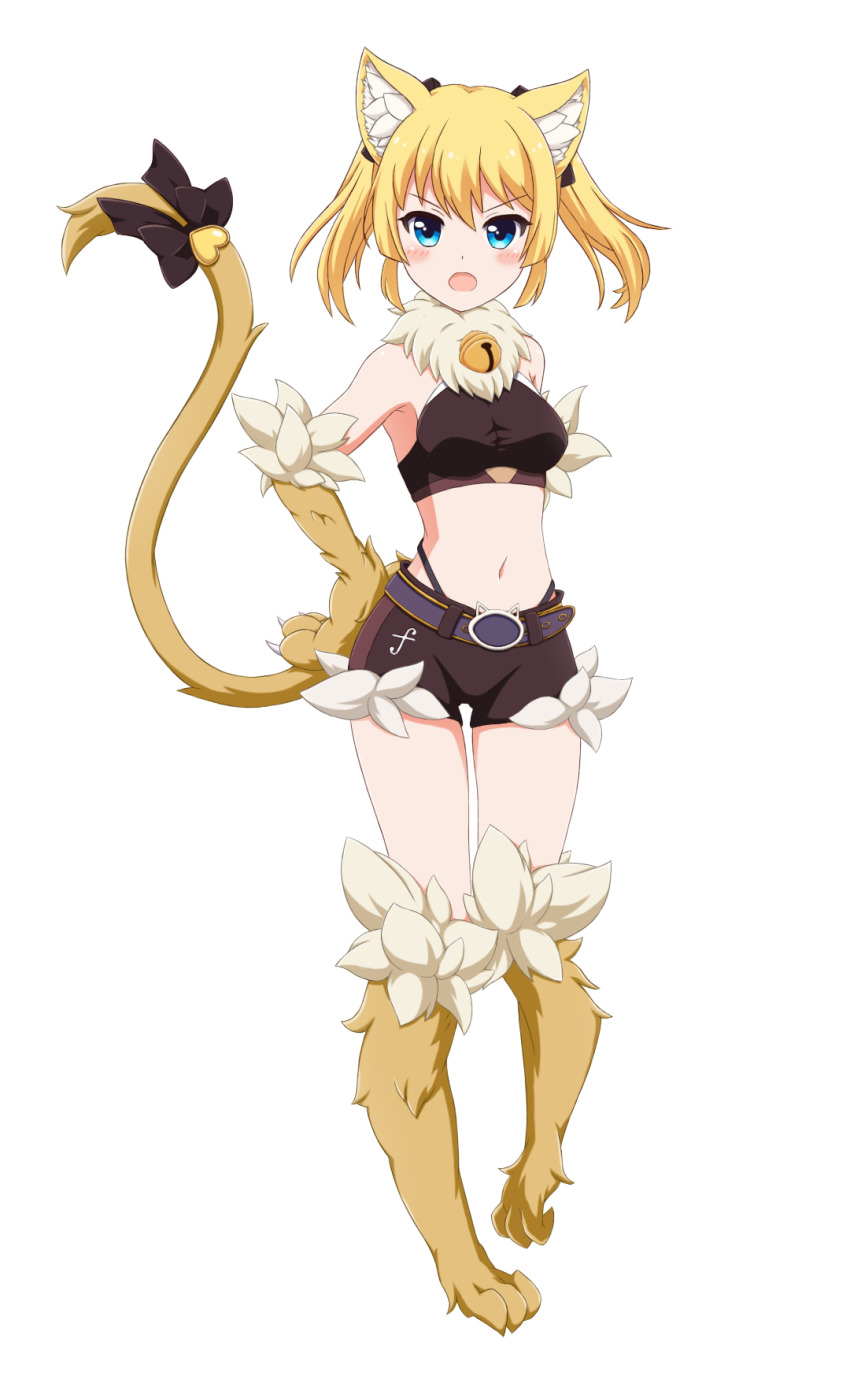 1girl, animal_ear_fluff, animal_ears, animal_hands, bare_shoulders, battle_girl_high_school, blonde_hair, blue_eyes, blush, body_fur, breasts, cat_ears, cat_girl, cat_paws, cat_tail, commentary, full_body, fur_collar, highres, kougami_kanon, lee_xianshang, looking_at_another, looking_at_viewer, medium_breasts, midriff, monster_girl, monster_girl_encyclopedia, monsterification, navel, neck_fur, open_mouth, short_shorts, shorts, simple_background, solo, tail, tail_ornament, twintails, v-shaped_eyebrows, werecat_(monster_girl_encyclopedia), white_background