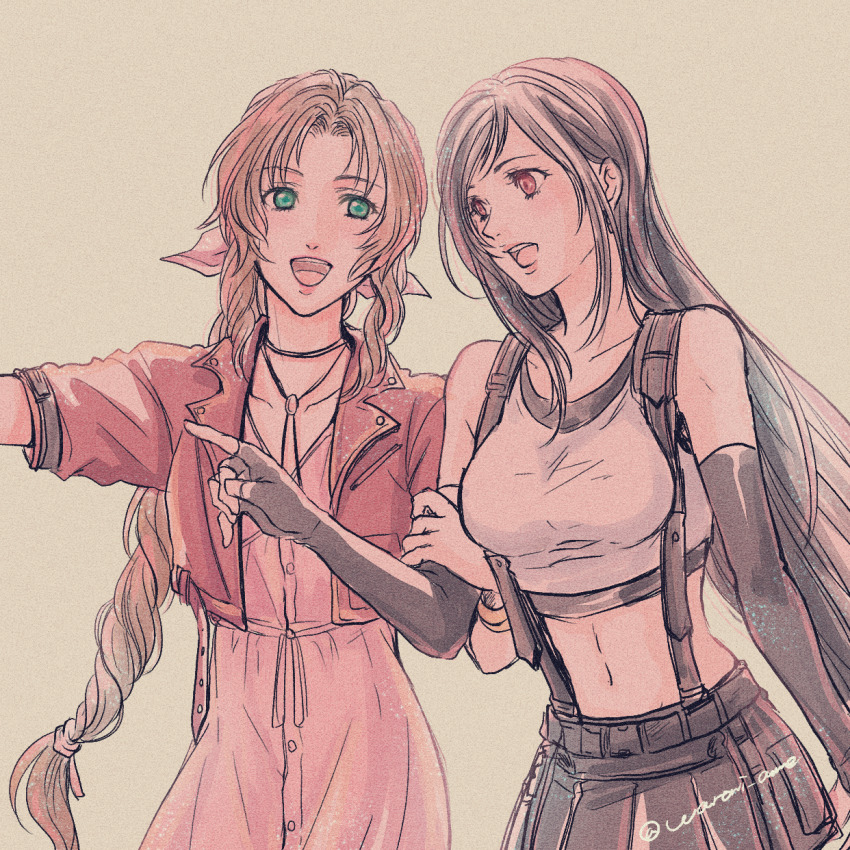 2girls, :d, aerith_gainsborough, aqua_eyes, arm_grab, black_gloves, breasts, brown_hair