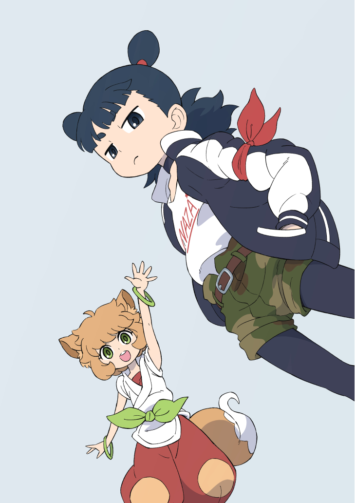 1boy, 1girl, animal_ears, baggy_pants, bangle, black_eyes, black_hair, black_pantyhose