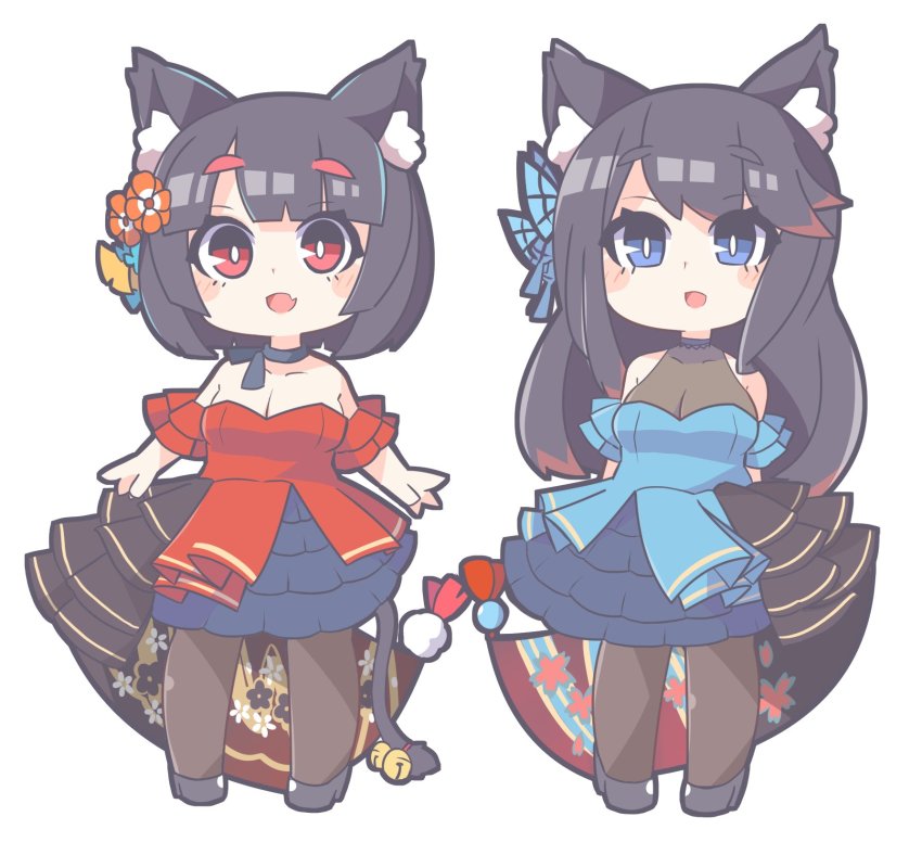 2girls, :d, animal_ear_fluff, animal_ears, arms_behind_back, azur_lane, black_hair, black_legwear, blue_dress, blue_eyes, blush, butterfly_hair_ornament, cat_ears, chibi, commentary_request, dress, fang, floral_print, flower, full_body, fusou_(azur_lane), hair_flower, hair_ornament, highres, long_hair, looking_at_viewer, multiple_girls, open_mouth, oquri, pantyhose, red_dress, red_eyes, short_hair, simple_background, skin_fang, smile, standing, white_background, yamashiro_(azur_lane), yamashiro_(dressy_black_cat)_(azur_lane)