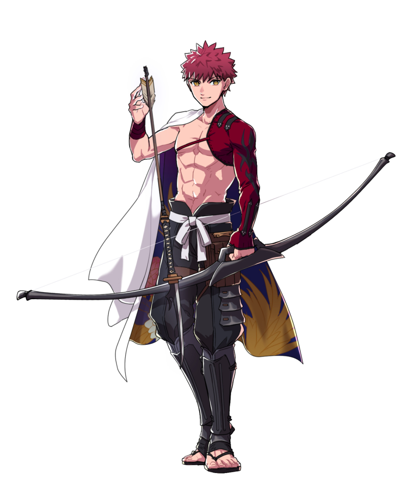 1boy, abs, applechoc, arrow_(projectile), bow, commentary_request, emiya_shirou, fate/grand_order, fate_(series), full_body, highres, igote, limited/zero_over, looking_at_viewer, male_focus, red_hair, sandals, senji_muramasa_(fate), topless_male, short_hair, simple_background, solo, white_background, yellow_eyes