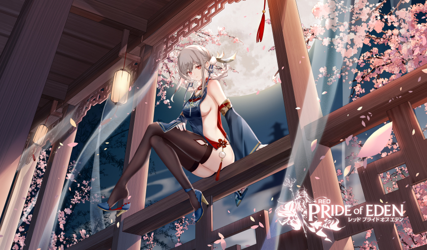 1girl, arm_support, braid, breasts, closed_mouth, clouble, detached_sleeves, grey_hair