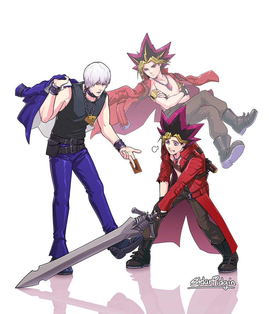 3boys, amulet, armlet, artist_name, bare_pectorals, belt, black_eyes, black_footwear