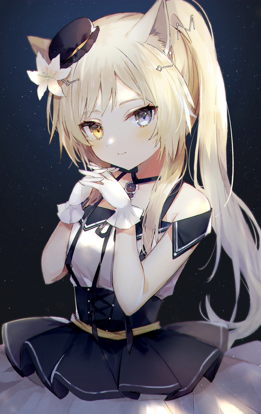 1girl, animal_ears, arknights, black_hat, blonde_hair, blouse, blue_eyes, blue_skirt