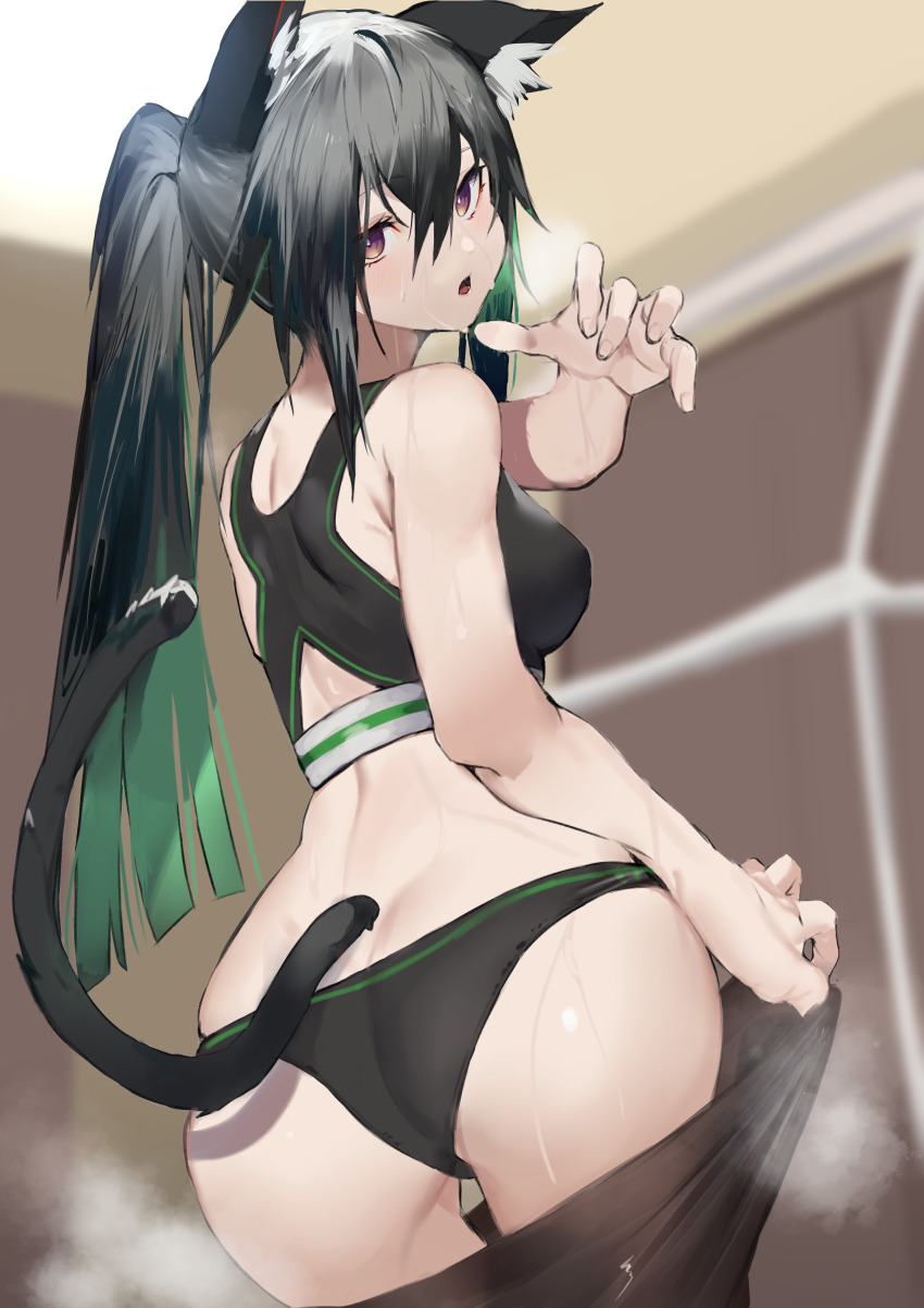 1girl, :o, absurdres, animal_ear_fluff, animal_ears, ass, bare_shoulders, black_pantyhose, blush, breasts, butt_crack, cat_ears, cat_girl, cat_tail, clothes_pull, green_hair, hair_between_eyes, hand_up, highres, long_hair, looking_at_viewer, medium_breasts, open_mouth, original, panties, pants, pants_pull, pantyhose, ponytail, sidelocks, solo, sports_bra, sweat, tail, thighs, underwear, yakihoko