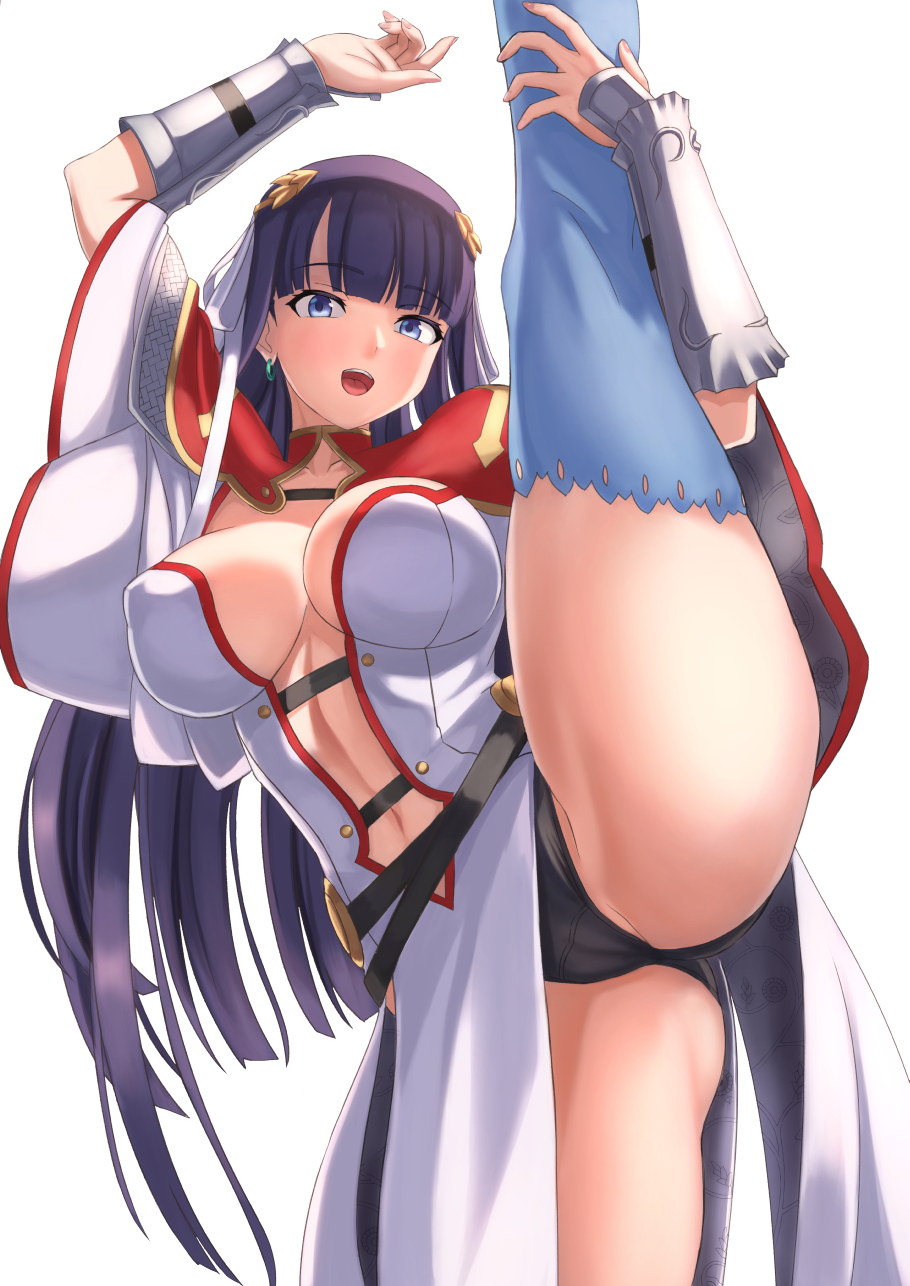 1girl, blue_eyes, blunt_bangs, blush, breasts, choker, cleavage, earrings, fate/grand_order, fate_(series), flexible, highres, jewelry, kanki_(kibunhasaikou), large_breasts, leg_lift, leg_up, long_hair, looking_at_viewer, martha_(fate), navel, open_mouth, panties, purple_hair, simple_background, smile, solo, split, standing, standing_on_one_leg, standing_split, straight_hair, swimsuit, thighhighs, thighs, underwear, very_long_hair, white_background