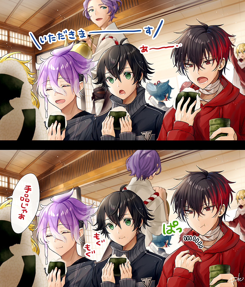 6+boys, :i, :t, ^_^, ahoge, black_hair, blonde_hair, blue_hair