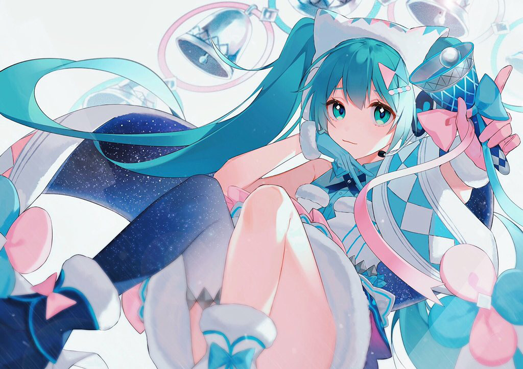 1girl, aqua_hair, asymmetrical_legwear, bell, blue_gloves, blue_thighhighs, bow, collar