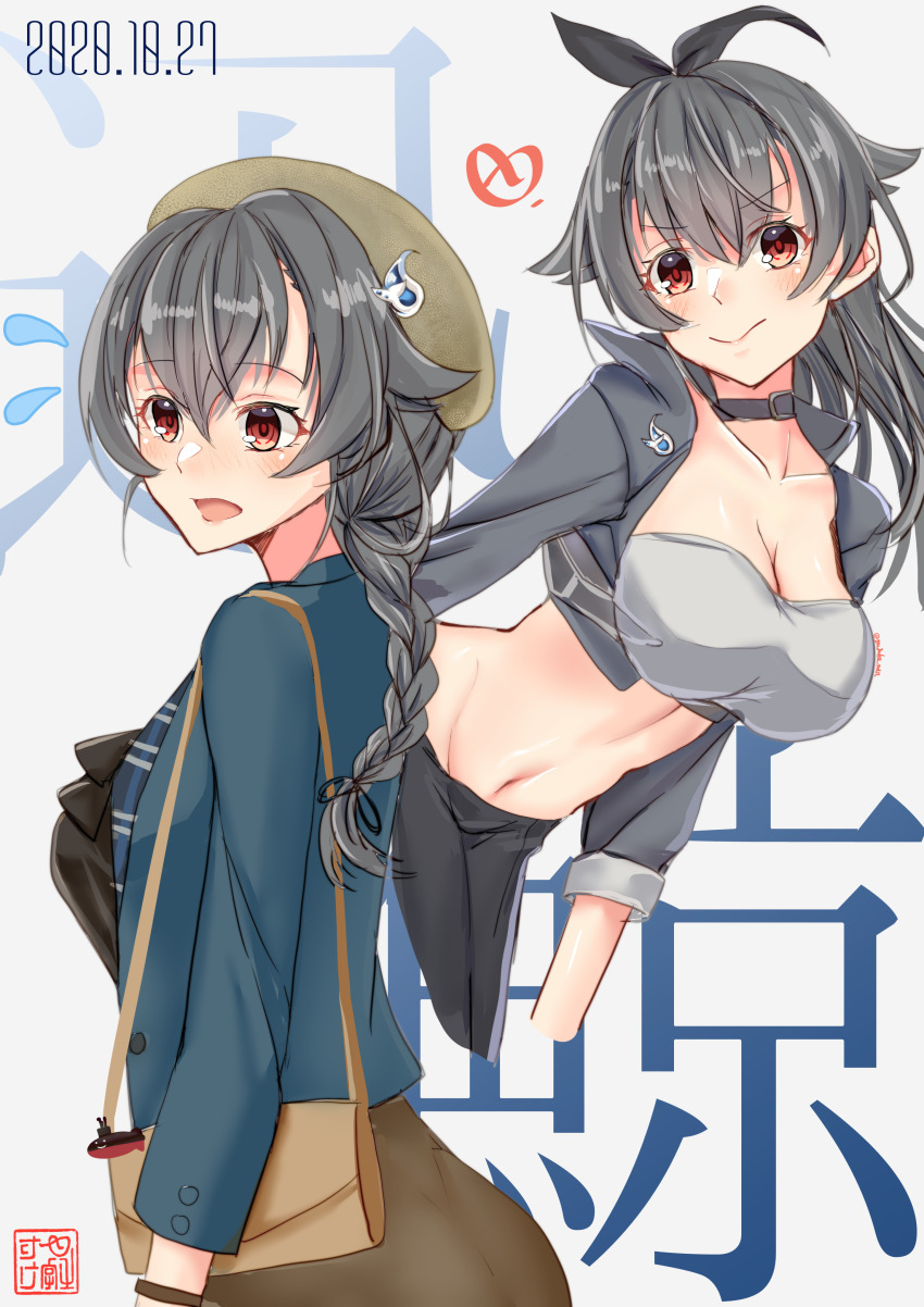 2girls, absurdres, alternate_costume, alternate_hairstyle, bad_id, bad_pixiv_id, bag, bandeau