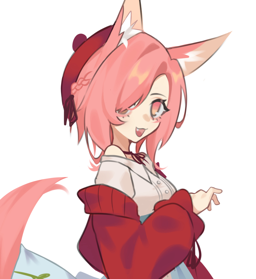 1girl, absurdres, animal_ear_fluff, animal_ears, braid, crown_braid, fang, ghost_(tama)