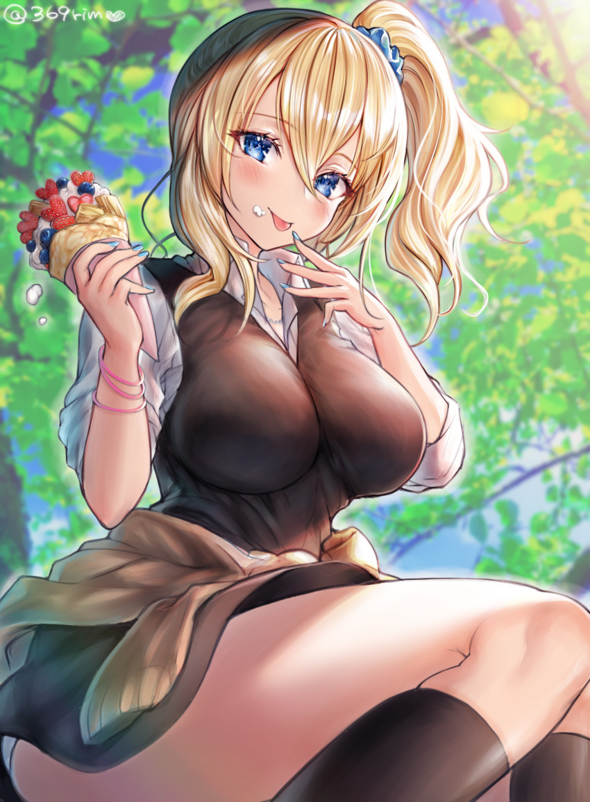 1girl, :p, absurdres, blonde_hair, blue_eyes, blue_nails, blue_scrunchie, blush