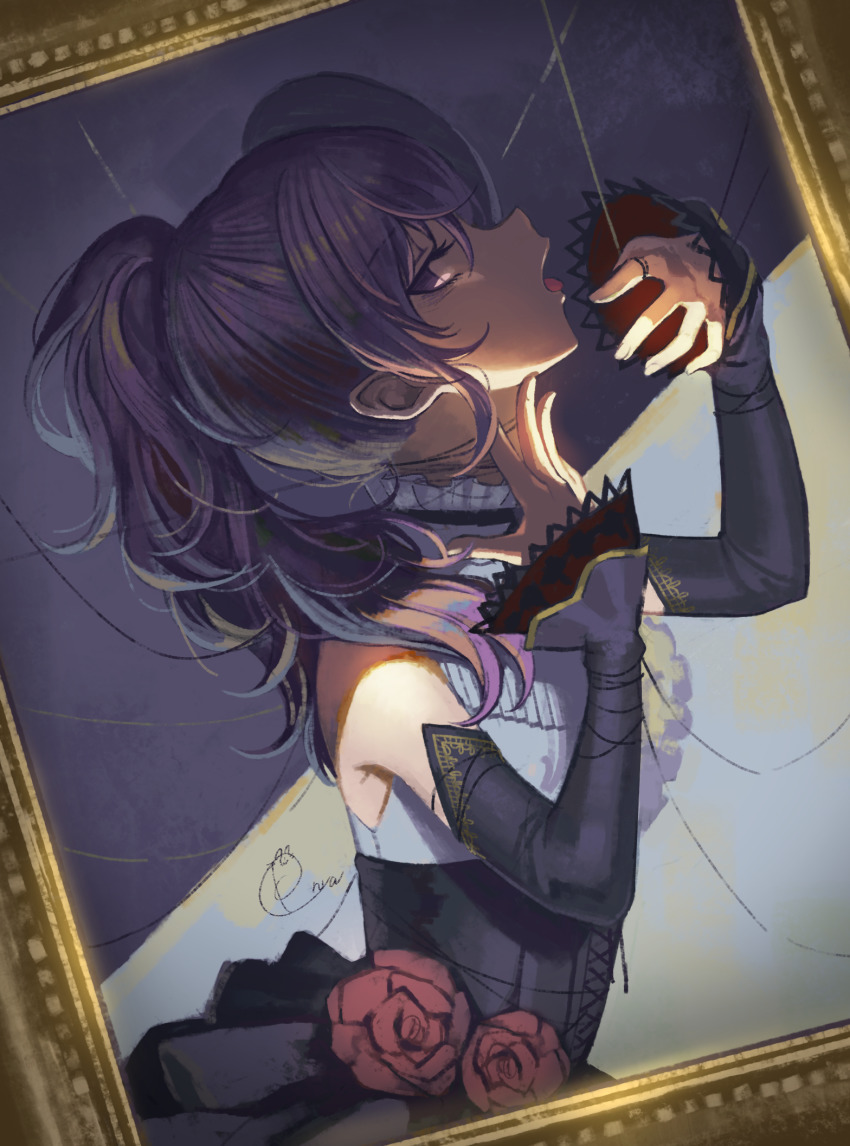 1girl, arms_up, asahina_mafuyu, bare_shoulders, black_dress, black_sleeves, collar, commentary