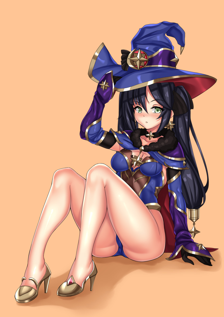 1girl, absurdres, black_gloves, black_hair, blue_hat, blue_leotard, blush, breasts