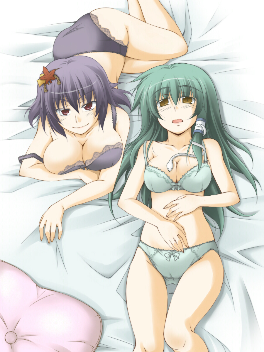 2girls, bare_shoulders, bed, bra, breast_rest, breasts, cleavage, female_focus, green_hair, hair_ornament, highres, inu_mamoru_mizuki, inue, kochiya_sanae, lace, lace-trimmed_bra, lace-trimmed_panties, lace_trim, large_breasts, lingerie, lying, multiple_girls, on_back, on_stomach, orange_eyes, panties, pillow, purple_hair, red_eyes, smile, snake, touhou, underwear, underwear_only, yasaka_kanako
