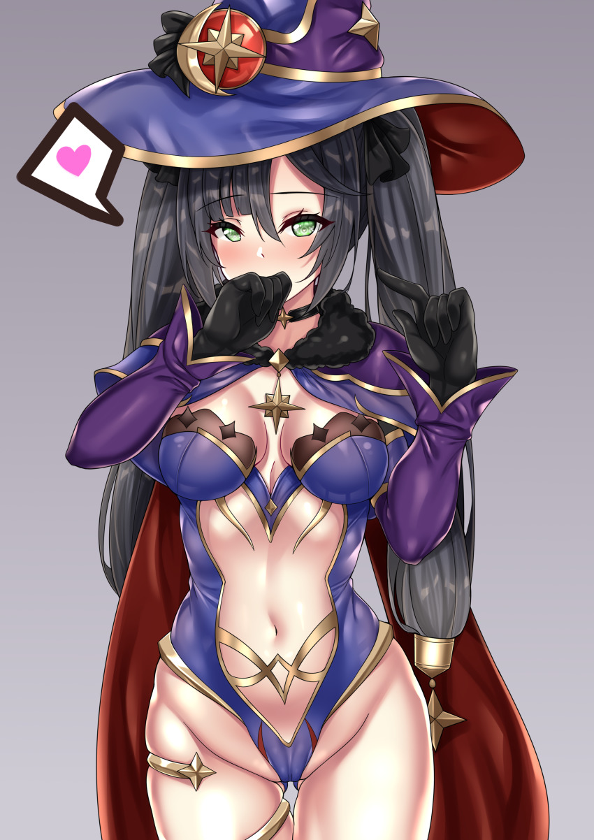 1girl, absurdres, black_gloves, black_hair, blue_hat, blue_leotard, blush, breasts, cape, cleavage, genshin_impact, gloves, green_eyes, hat, highres, jewelry, leotard, long_hair, looking_at_viewer, lumu_yuanxiang, medium_breasts, mona_(genshin_impact), navel, purple_cape, thighlet, thighs, twintails, witch_hat
