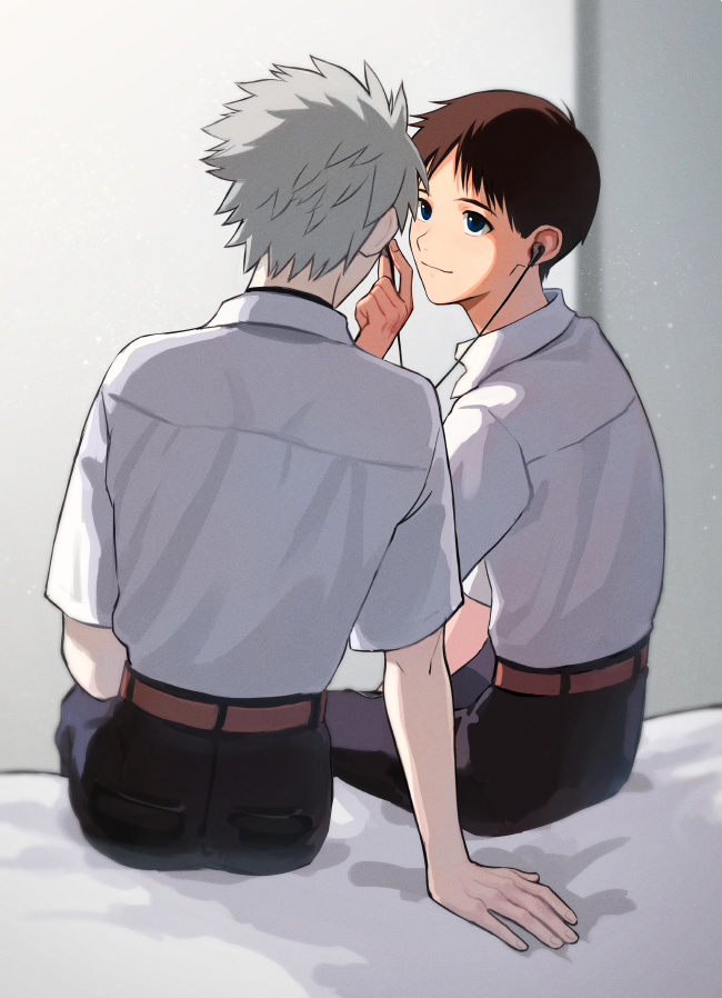 2boys, arm_support, bed, bed_sheet, blue_eyes, brown_hair, cable, collared_shirt, commentary, earbuds, earphones, ikari_shinji, indoors, kannunu, light_particles, looking_at_another, male_focus, multiple_boys, nagisa_kaworu, neon_genesis_evangelion, on_bed, pale_skin, shirt, shirt_tucked_in, short_hair, single_earphone_removed, sitting, smile, untranslatable_commentary, white_hair, white_shirt, yaoi