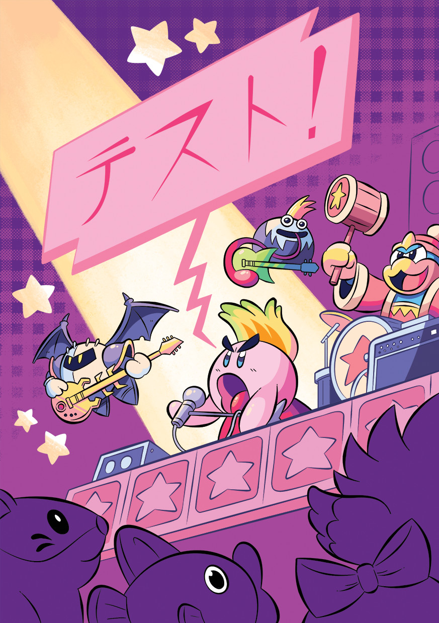 6+boys, bat_wings, black_eyes, blue_eyes, bow, character_request, clayton_chowaniec, coat, colored_skin, commentary, concert, coo_(kirby), cymbals, drum, drum_set, electric_guitar, english_commentary, facepaint, flying, fur-trimmed_coat, fur_trim, gingham_background, gooey_(kirby), guitar, hat, highres, holding, holding_instrument, holding_microphone, instrument, jumping, kine_(kirby), king_dedede, kirby, kirby_(series), mask, meta_knight, microphone, microphone_stand, mike_kirby, mittens, multiple_boys, music, nintendo, obi, object_request, open_mouth, orange_mittens, pink_skin, playing_instrument, pom_pom_(clothes), purple_background, red_coat, rick_(kirby), sash, solid_oval_eyes, speaker, speech_bubble, spotlight, stage, star_(symbol), translation_request, wings, yellow_eyes