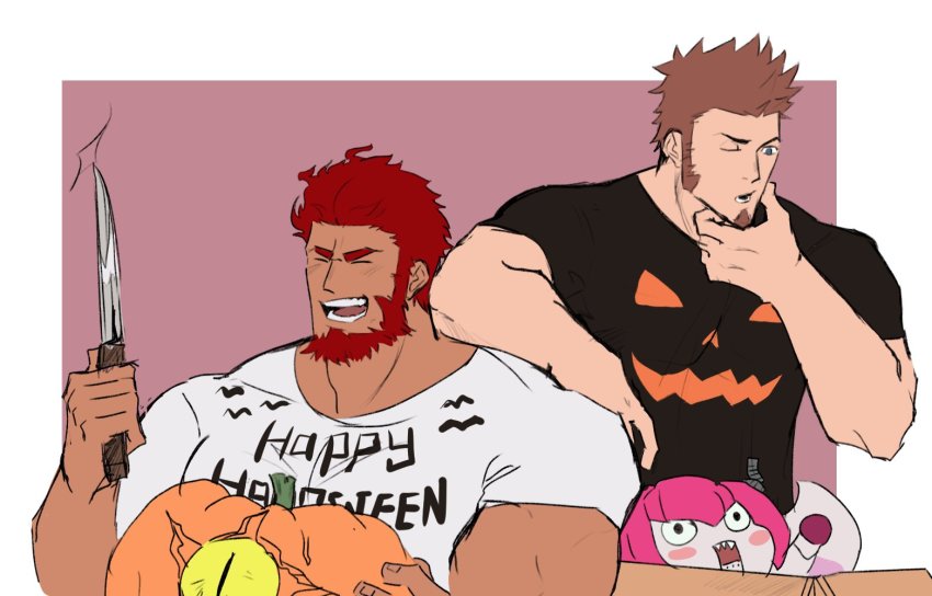 2boys, ^_^, alternate_costume, arm_on_another's_shoulder, bara, beard, black_shirt, blouse