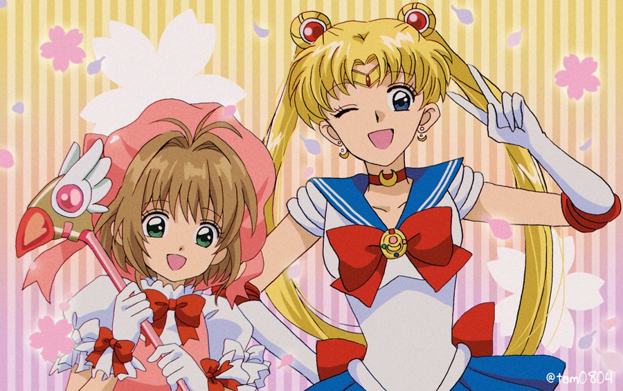 2girls, ;d, back_bow, beret, bishoujo_senshi_sailor_moon, bishoujo_senshi_sailor_moon_(first_season), blonde_hair, blue_eyes