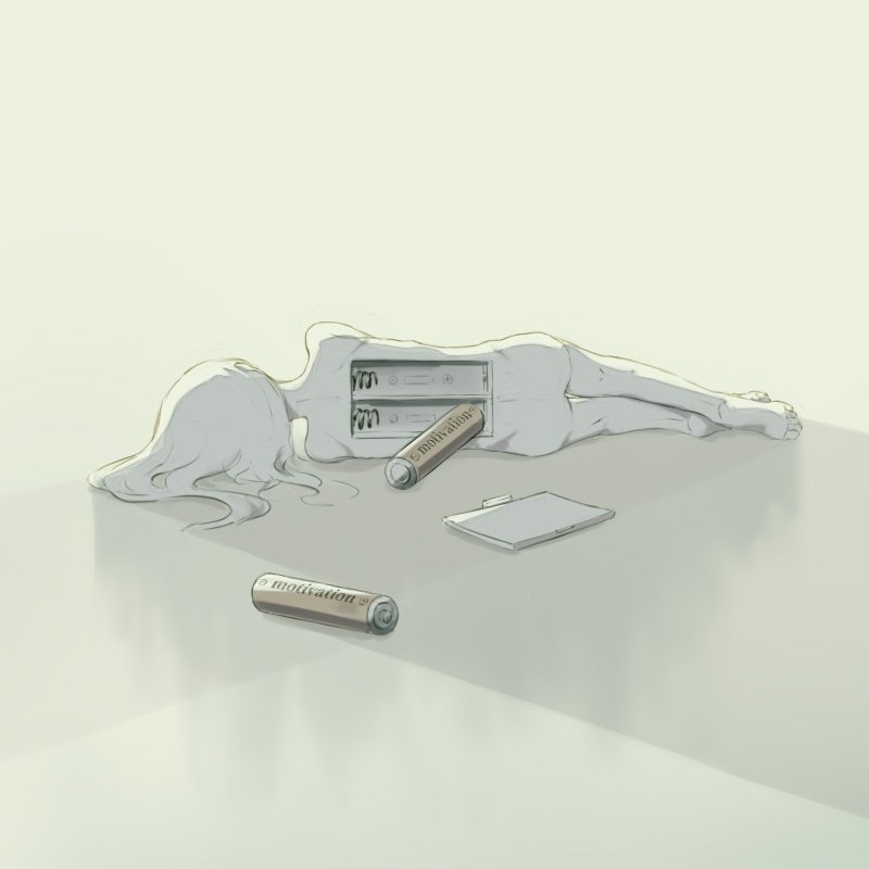 1other, avogado6, battery, battery_removed, floating_hair, from_behind, long_hair, lying, nude, on_side, original, simple_background, symbolism, yellow_background