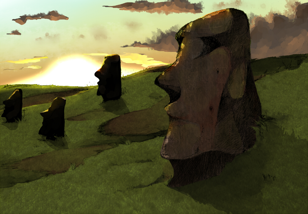 bad_id, bad_pixiv_id, cloud, easter_island, grass, landscape, moai, no_humans