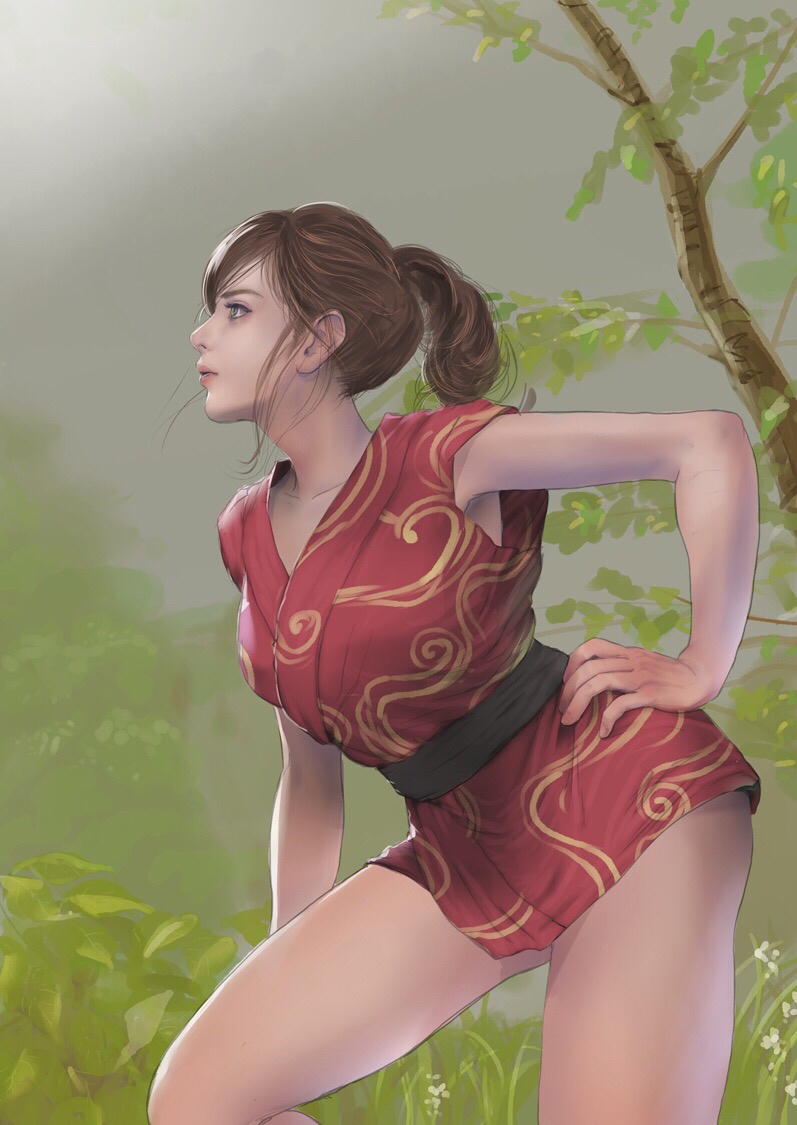 1girl, brown_hair, character_request, forest, japanese_clothes, kimono, messy_hair, nature