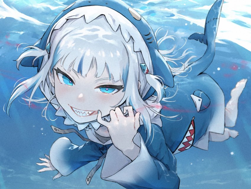 1girl, animal_hood, bare_legs, barefoot, blood, blue_eyes, blue_hair, blue_hoodie