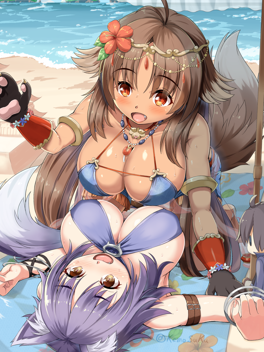 2girls, animal_ear_fluff, animal_ears, animal_hands, armlet, beach, beach_towel, bikini