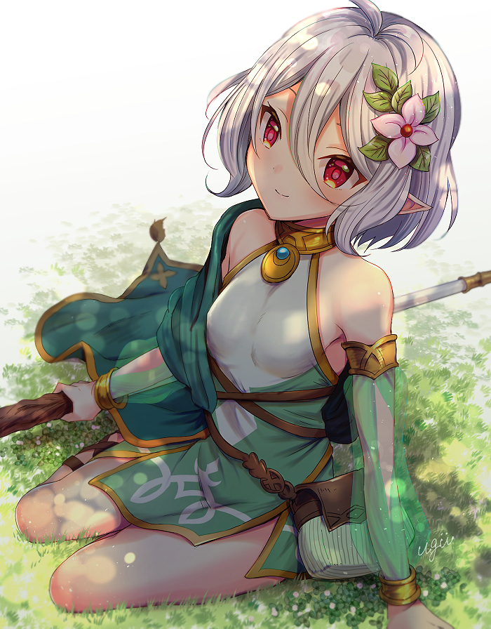 1girl, antenna_hair, artist_name, closed_mouth, commentary_request, detached_sleeves, flower, grass, green_sleeves, hair_between_eyes, hair_flower, hair_ornament, hokeki_yougu, holding, holding_staff, kokkoro_(princess_connect!), looking_at_viewer, pointy_ears, princess_connect!, red_eyes, see-through_clothes, see-through_sleeves, short_hair, silver_hair, sitting, smile, solo, staff, thighs