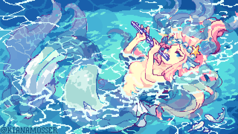 1girl, artist_name, blue_eyes, breasts, collar, commentary, feathers, fins