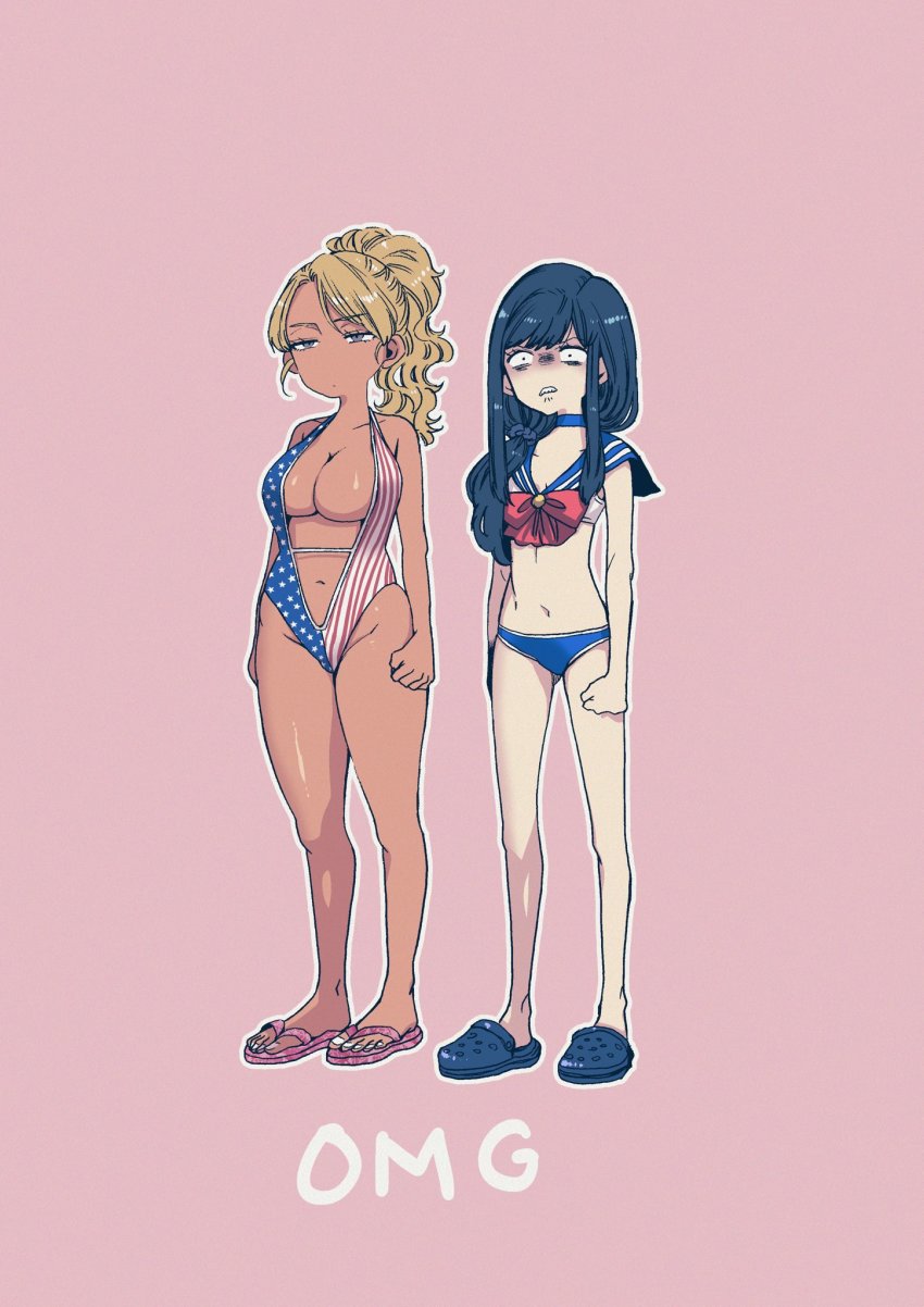 2girls, american_flag, american_flag_print, american_flag_swimsuit, angry, bikini, black_eyes, black_hair, blonde_hair, breasts, center_opening, cleavage, clenched_hands, clenched_teeth, commentary_request, crocs, dark-skinned_female, dark_skin, female_focus, flag_print, food_court_de_mata_ashita, full_body, grey_eyes, groin, gyaru, halterneck, high_ponytail, highleg, highleg_one-piece_swimsuit, highres, large_breasts, long_hair, low_tied_hair, multiple_girls, nail_polish, nariie_shin'ichirou, navel, one-piece_swimsuit, pink_background, ponytail, print_swimsuit, sailor_bikini, sailor_collar, sandals, small_breasts, straight_hair, swimsuit, teeth, toenail_polish, toenails, unofficial_sailor_senshi_uniform, wada_(food_court), wavy_hair, white_nails, yamamoto_(food_court)