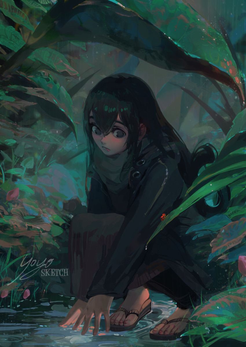 1girl, asui_tsuyu, bad_id, bad_twitter_id, boku_no_hero_academia, bug, casual, frog_girl, hair_rings, highres, insect, ladybug, leaf, long_hair, low-tied_long_hair, plant, puddle, sandals, solo, vegetation, water, yoyosketch