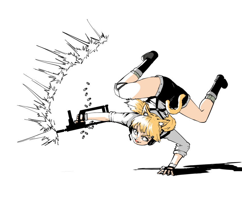 1girl, 9x19mm_parabellum, :3, afei_(sfma3248), ammunition, animal_ears, arm_support, black_boots