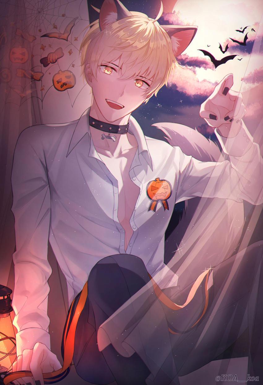 1boy, ahoge, animal_collar, animal_ears, arm_support, arthur_pendragon_(fate), artist_name, bad_id