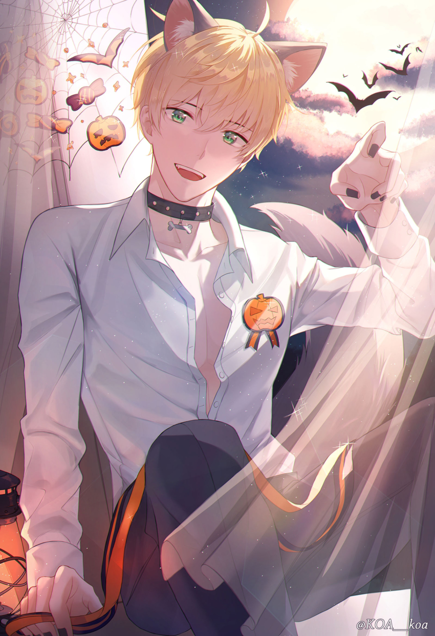 1boy, ahoge, animal_collar, animal_ears, arm_support, arthur_pendragon_(fate), artist_name, bad_id