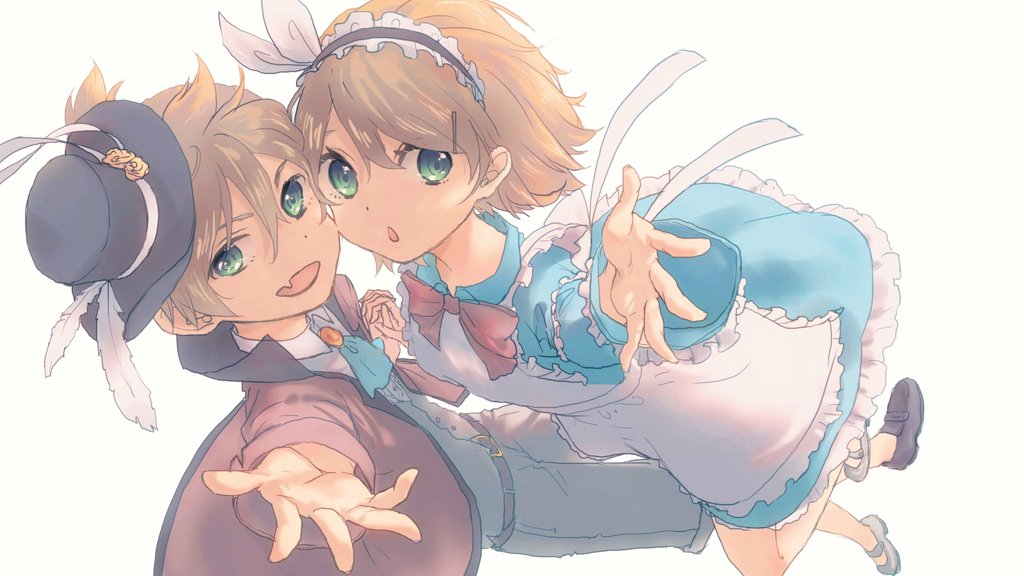 1boy, 1girl, akizakura_(mns), apron, aqua_eyes, black_headwear, blonde_hair, blue_dress