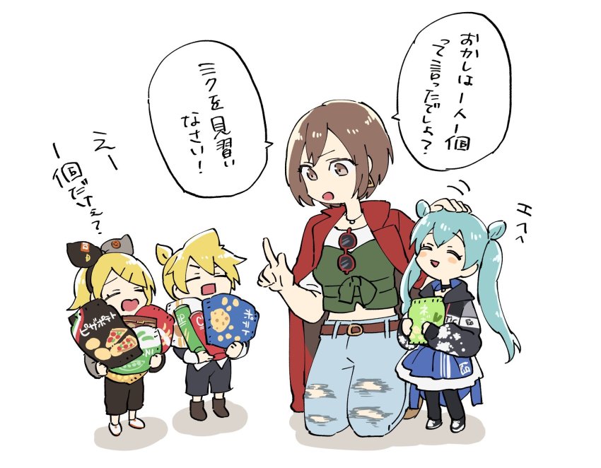 1boy, 3girls, aged_down, aqua_eyes, bag, bag_of_chips, belt, black_bow