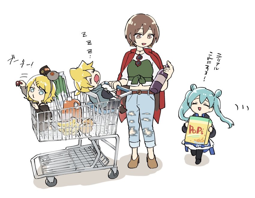 1boy, 3girls, aged_down, aqua_eyes, banana, belt, black_bow, black_hoodie
