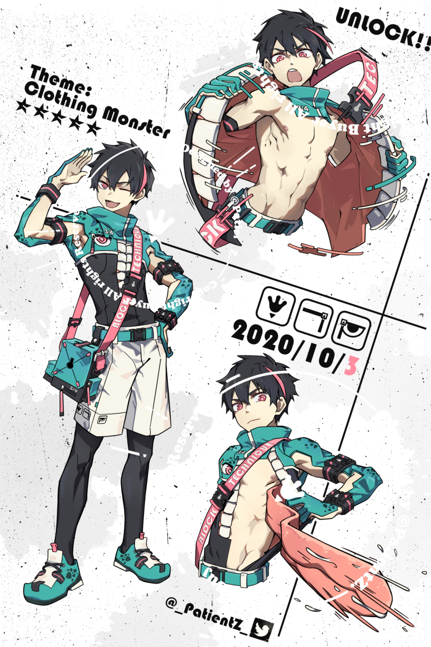 1boy, ;d, absurdres, black_hair, black_legwear, reference_sheet, creature, dated