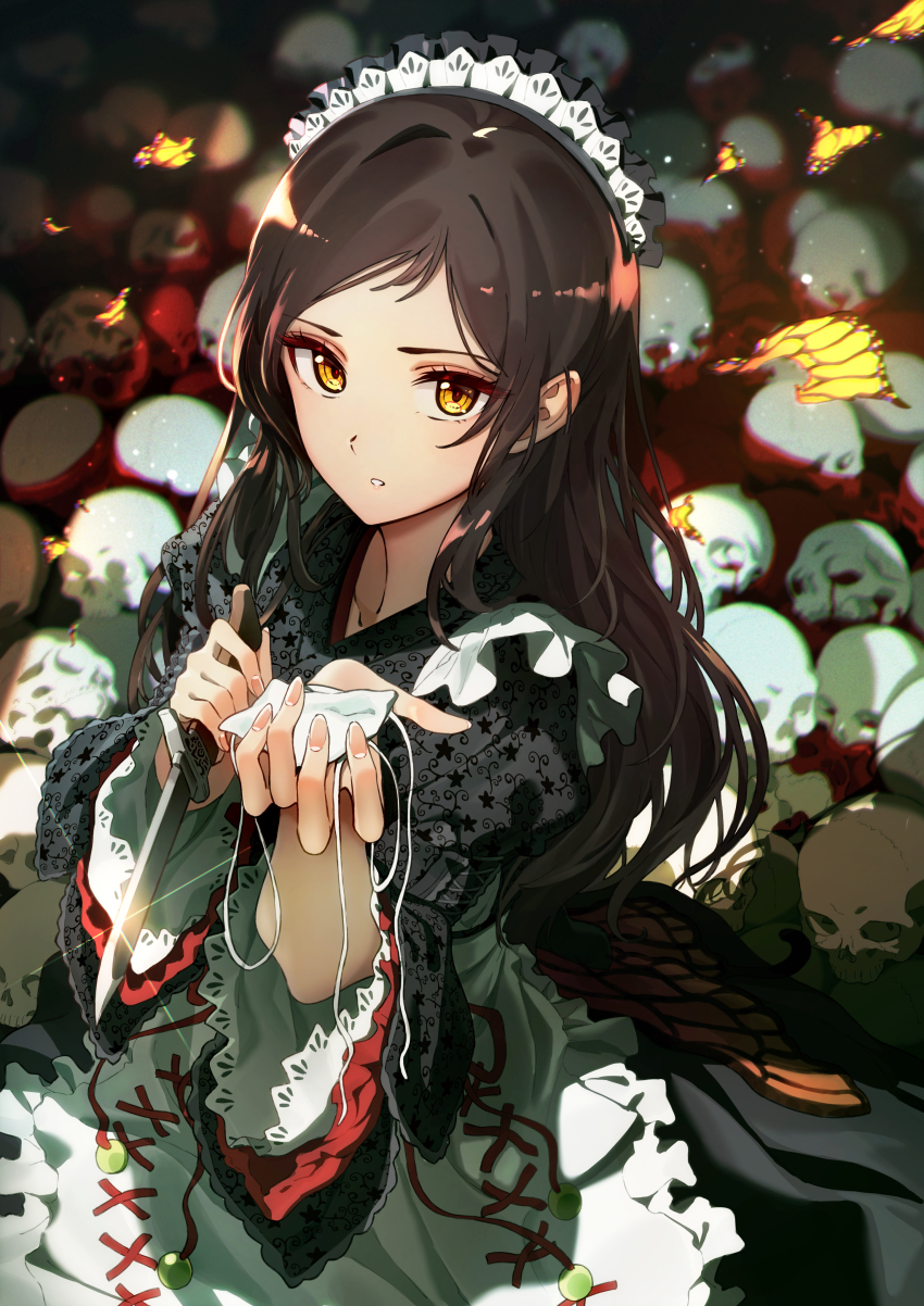 1girl, absurdres, apron, black_kimono, blood, blurry, blurry_background, brown_hair, butterfly_wings, chromatic_aberration, commentary_request, cowboy_shot, dagger, depth_of_field, eyepatch, fingernails, frilled_apron, frills, from_above, glint, hands_up, highres, holding, holding_dagger, holding_eyepatch, holding_knife, holding_weapon, idolmaster, idolmaster_million_live!, idolmaster_million_live!_theater_days, insect_wings, japanese_clothes, kimono, kitazawa_shiho, kitazawa_shiho_(depths_of_twilight_maid), knife, light_particles, long_fingernails, long_hair, looking_at_viewer, looking_up, maid, maid_headdress, motoki_(hisano_motoki), parted_bangs, parted_lips, pile_of_skulls, pool_of_blood, print_kimono, reverse_grip, shadow, skull, solo, star_(symbol), star_print, three-quarter_sleeves, torn_wings, unworn_eyepatch, wa_maid, wavy_hair, weapon, white_apron, wide_sleeves, wings, yellow_eyes