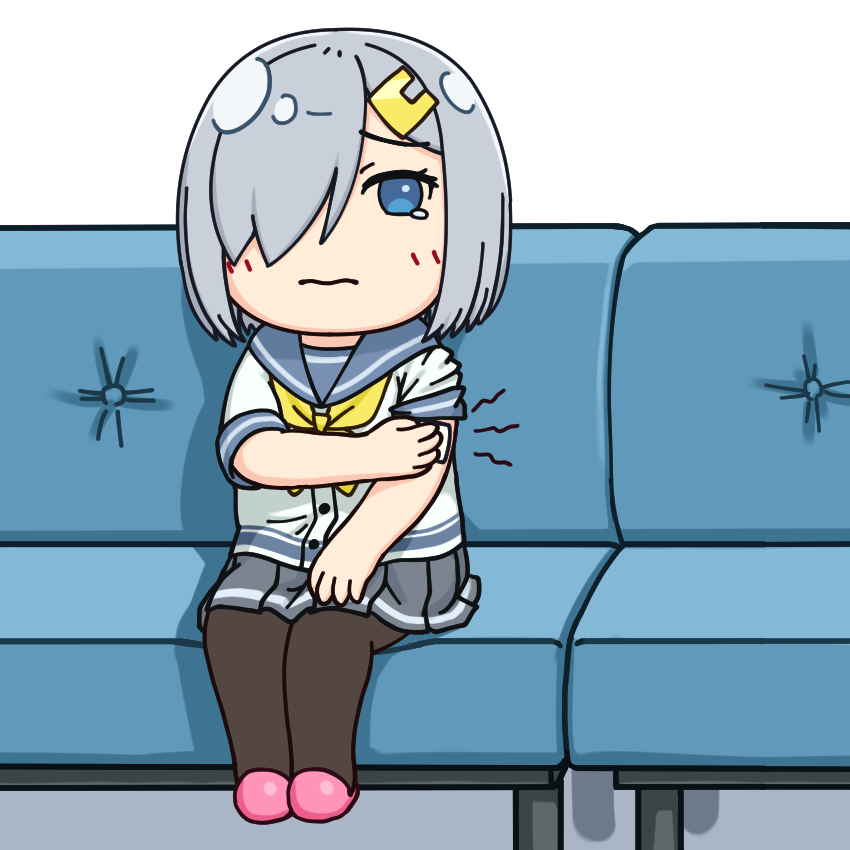 1girl, black_pantyhose, blue_eyes, blue_sailor_collar, chibi, commentary_request, couch, grey_skirt